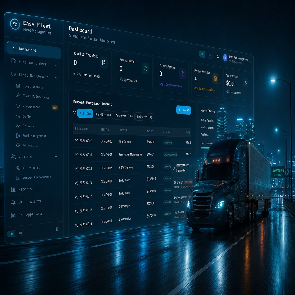 Easyfleet dashboard displayed above a fleet truck at night