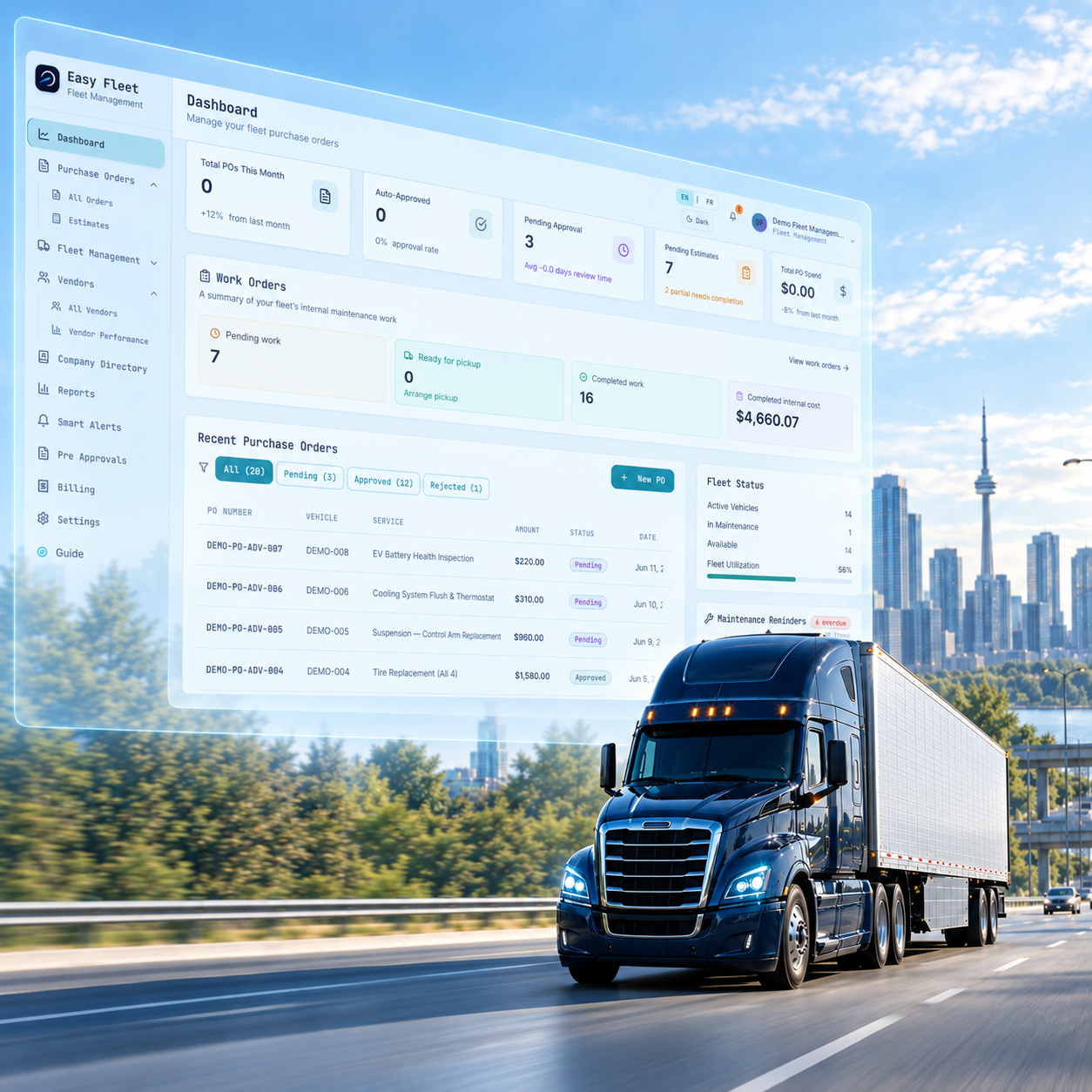 Easyfleet dashboard displayed above a fleet truck in Toronto
